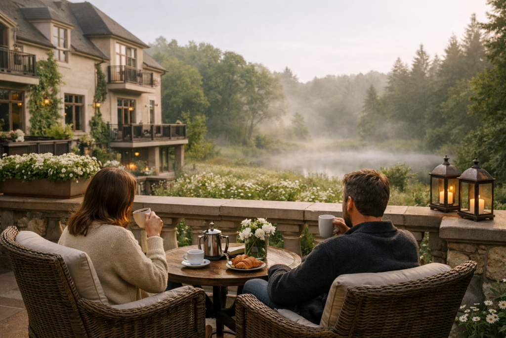 Luxury Weekend Getaways at an elegant countryside boutique hotel near Toronto, with a misty spring landscape, fresh green forests and wildflowers, and a peaceful terrace scene with morning coffee overlooking the valley.