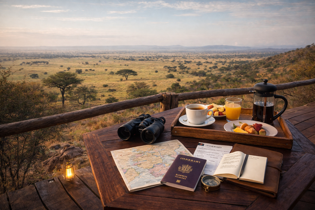 Kenya Luxury Safari lodge at dusk with a glowing thatched-roof main building, lantern-lit wooden deck, and guests enjoying sundowners, set against rugged terrain and a twilight sky.