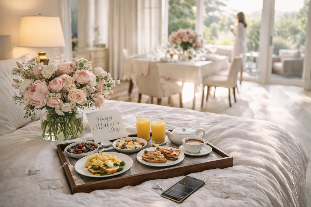 Mother’s Day gifts breakfast in bed with flowers, coffee, juice, and a tray in a bright bedroom