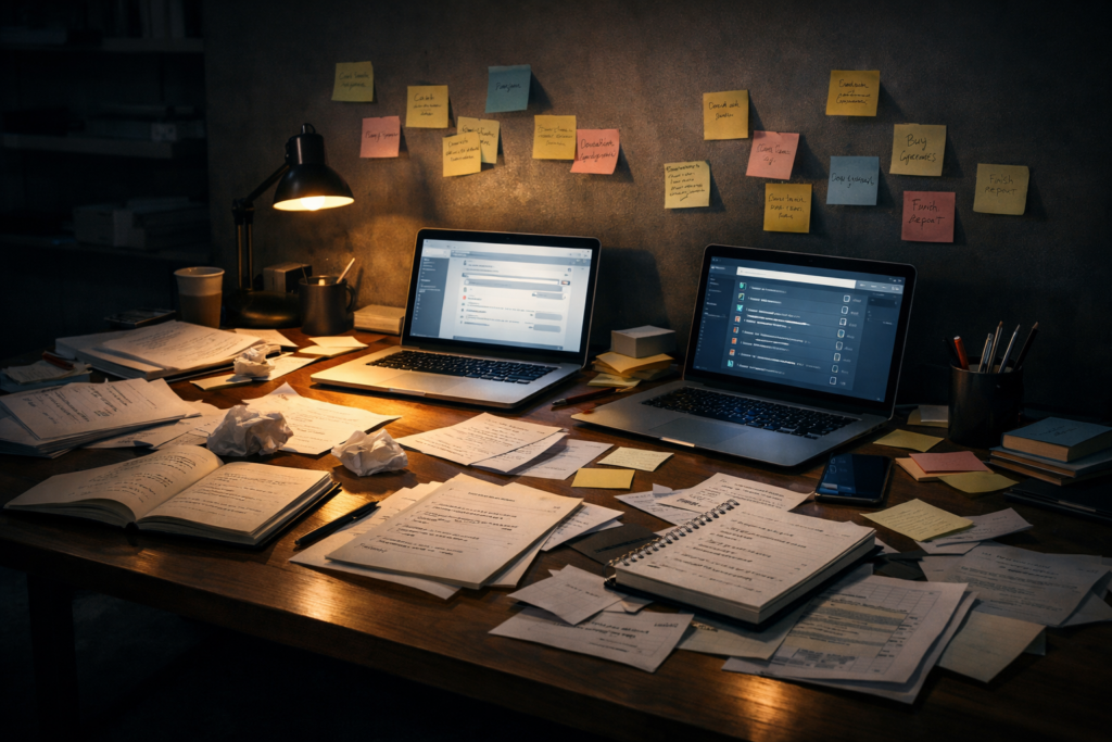 Dimly lit desk cluttered with papers, notebooks, and sticky notes, conveying overwhelm and unfinished tasks, contrasting with a more streamlined experience for members.