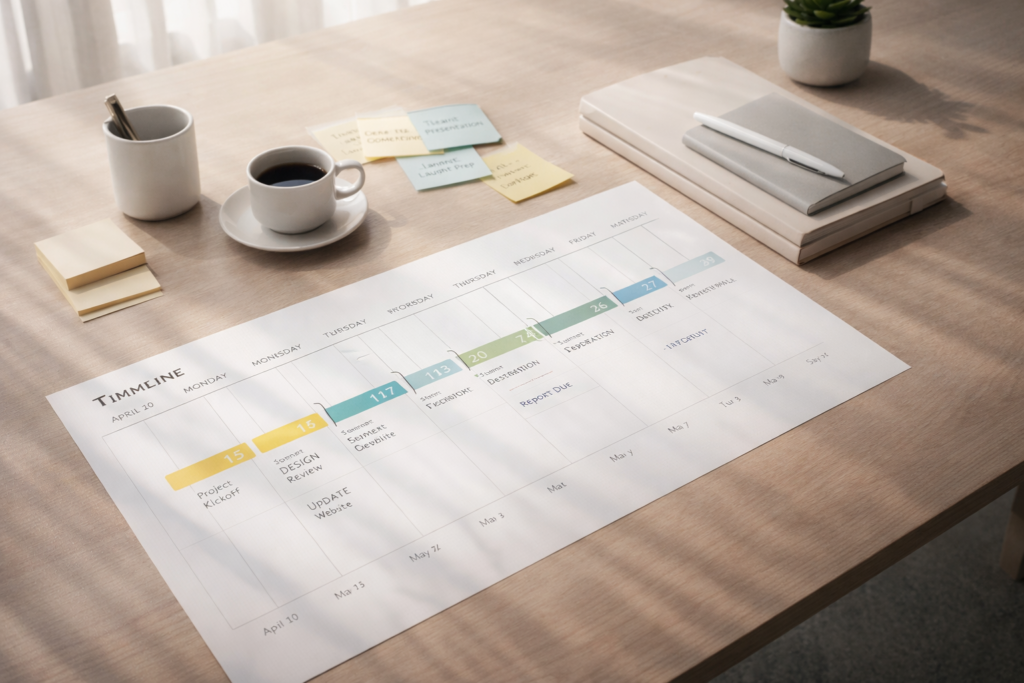 Minimalist workspace featuring a clean timeline calendar with highlighted dates, soft natural light, and a sense of clarity and control for members managing schedules.