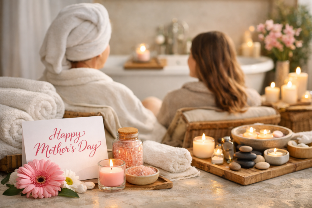Mother’s Day gifts spa scene with candles, towels, and bath products, featuring two women relaxing from behind with no faces visible.