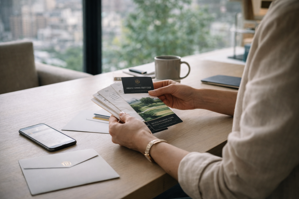 A calm spring moment of a well-dressed person reviewing elegant event tickets and envelopes at a minimalist desk with a phone nearby.
