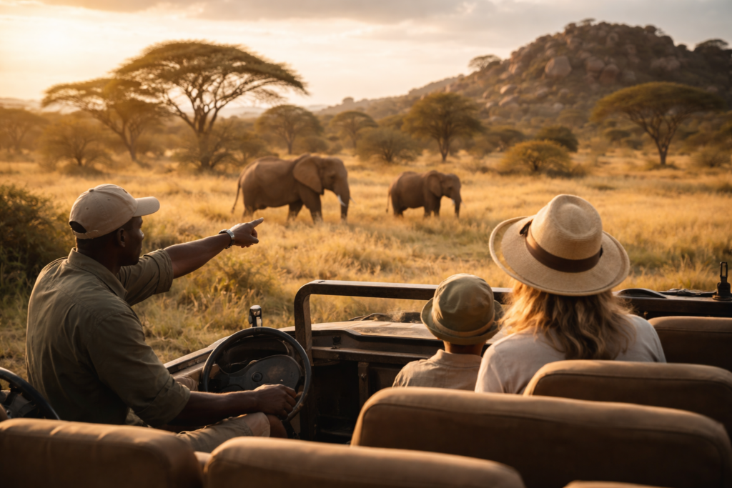 Kenya Luxury Safari game drive with a guide pointing toward elephants in golden grasslands as guests ride in an open vehicle at sunset.