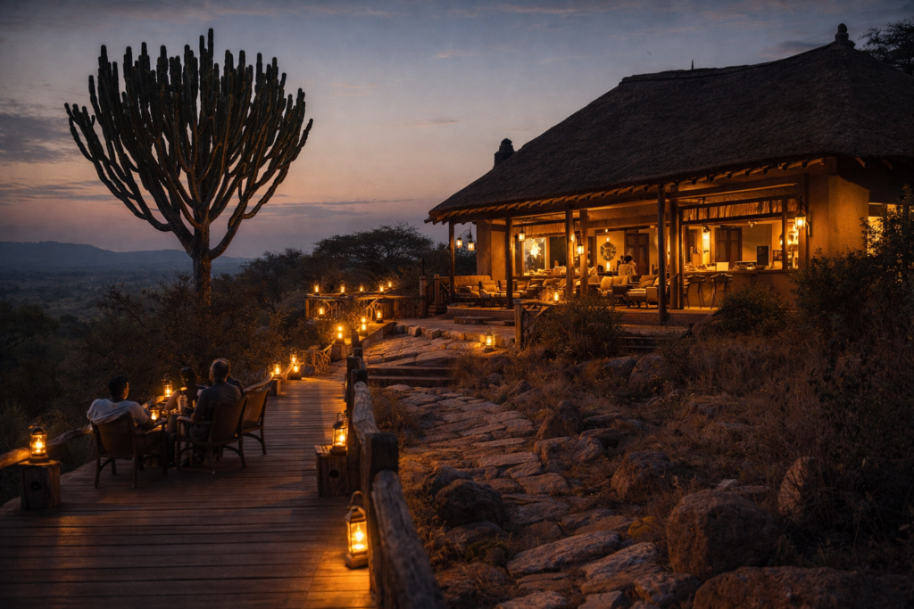 Kenya Luxury Safari lodge at dusk with a glowing thatched-roof main building, lantern-lit wooden deck, and guests enjoying sundowners, set against rugged terrain and a twilight sky.