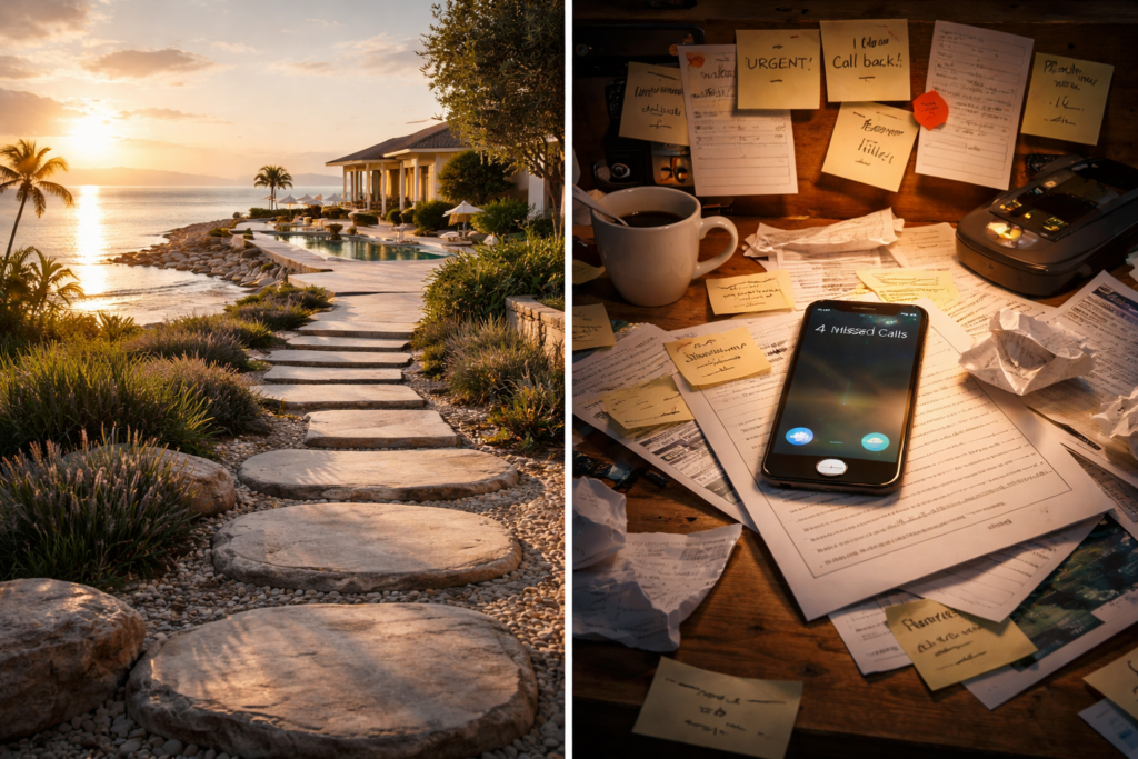 Split image showing a serene luxury beach villa on the left and a cluttered desk with missed calls and urgent notes on the right, highlighting contrast between calm and chaos for members.
