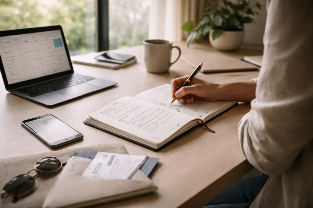 A spring home office scene with a planner, laptop, and phone on a clean desk as a person writes notes in soft natural light.