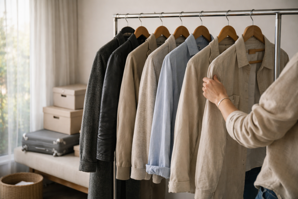 A spring wardrobe transition with light jackets and linen shirts arranged neatly as a person selects clothing in soft morning light.