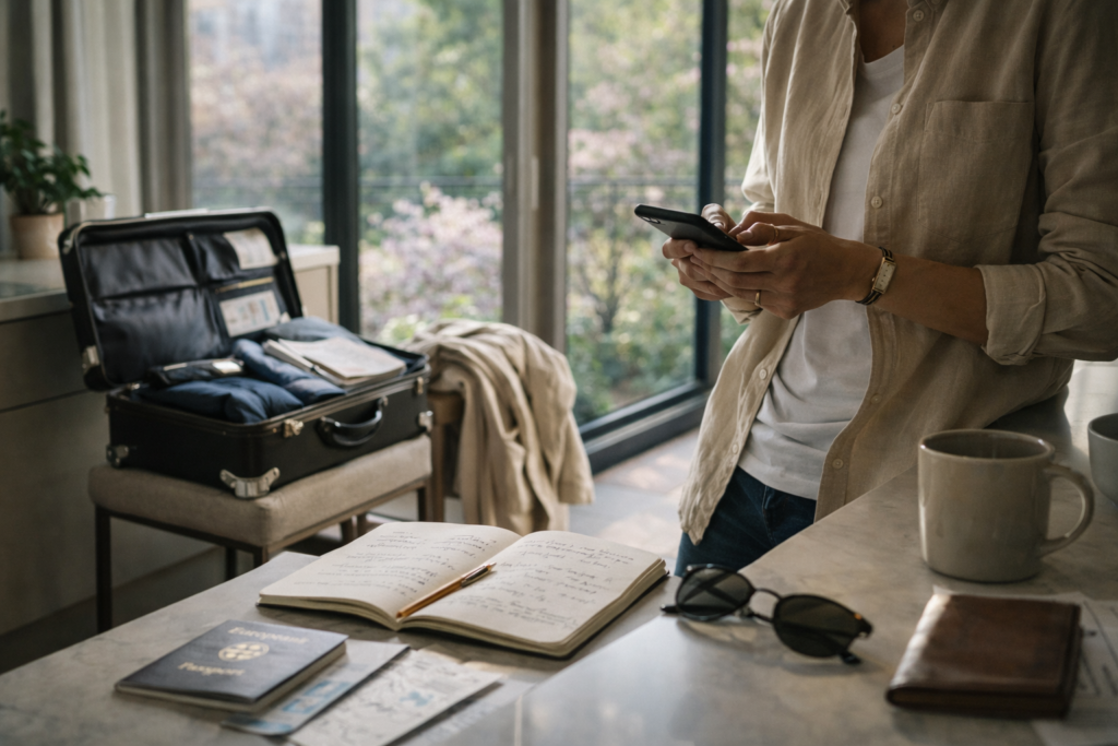 Spring morning scene of a person checking their phone beside an open suitcase, planner, and travel essentials in a sunlit home.