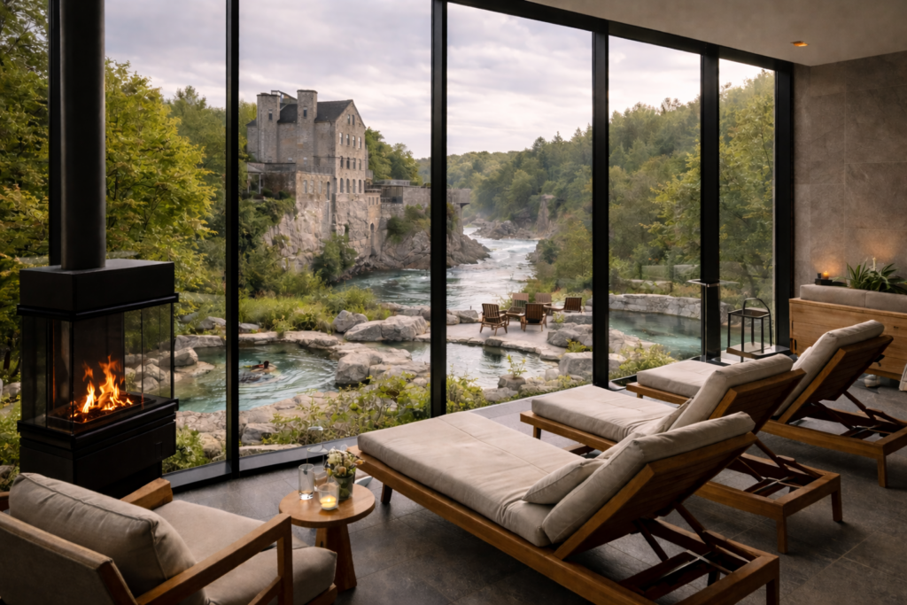 Luxury Weekend Getaways  wellness retreat at Elora Mill Hotel & Spa, dramatic stone mill architecture overlooking the Grand River gorge, Nordic-inspired hydrotherapy spa pools, serene relaxation lounge with floor-to-ceiling windows, calm minimalist design, soft natural light, luxury travel editorial photography, cinematic composition