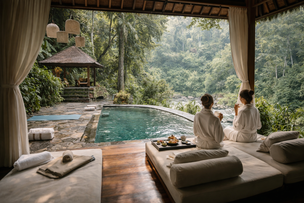 Mother’s Day gifts spa retreat with two women relaxing by a pool overlooking a lush tropical forest