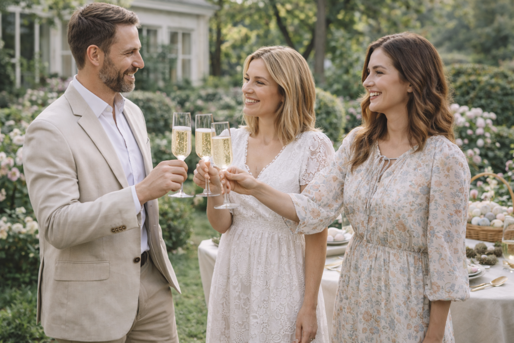 Hosting Easter with friends celebrating in a garden, raising champagne glasses and smiling during a relaxed spring gathering.