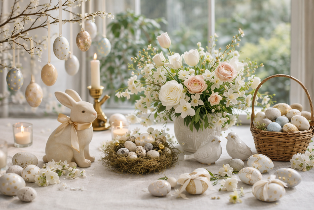 Hosting Easter with an elegant spring table setting featuring floral centerpieces, candles, gold cutlery, and place settings arranged for a festive holiday meal.