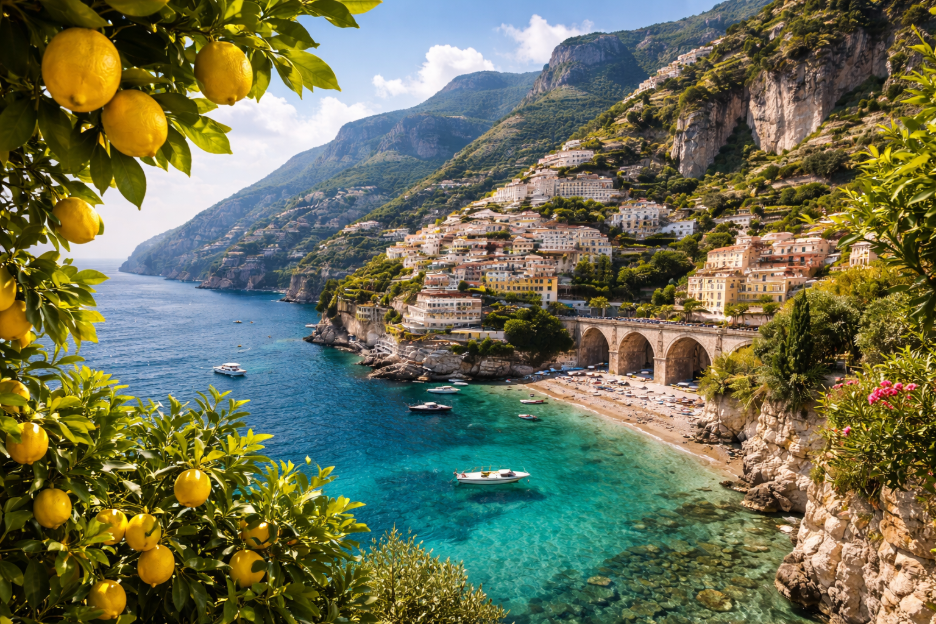 A panoramic view of Positano’s colorful cliffside homes overlooking turquoise waters, framed by bright lemon trees and dramatic coastal cliffs, perfectly embodying an Amalfi Coast luxury itinerary.