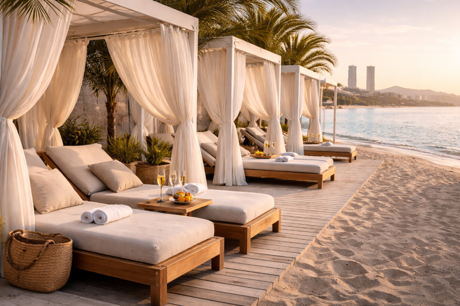 Elegant white beach cabanas with flowing curtains and cushioned loungers set along a serene Mediterranean shoreline, champagne and fresh fruit arranged on side tables, reflecting a refined Amalfi Coast luxury itinerary experience.