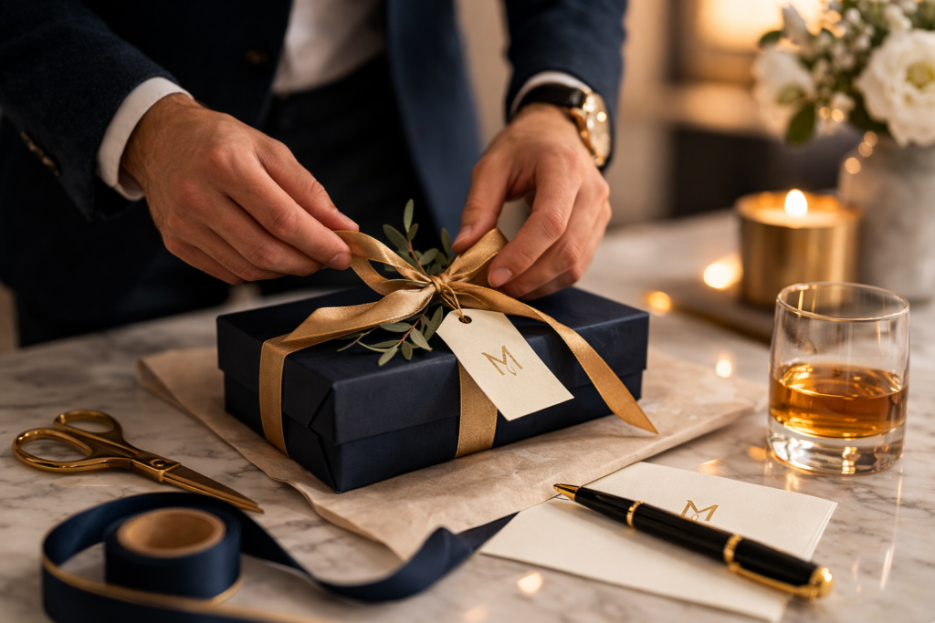 Elegant wrapped host gift with gold ribbon and personalized tag on a marble table