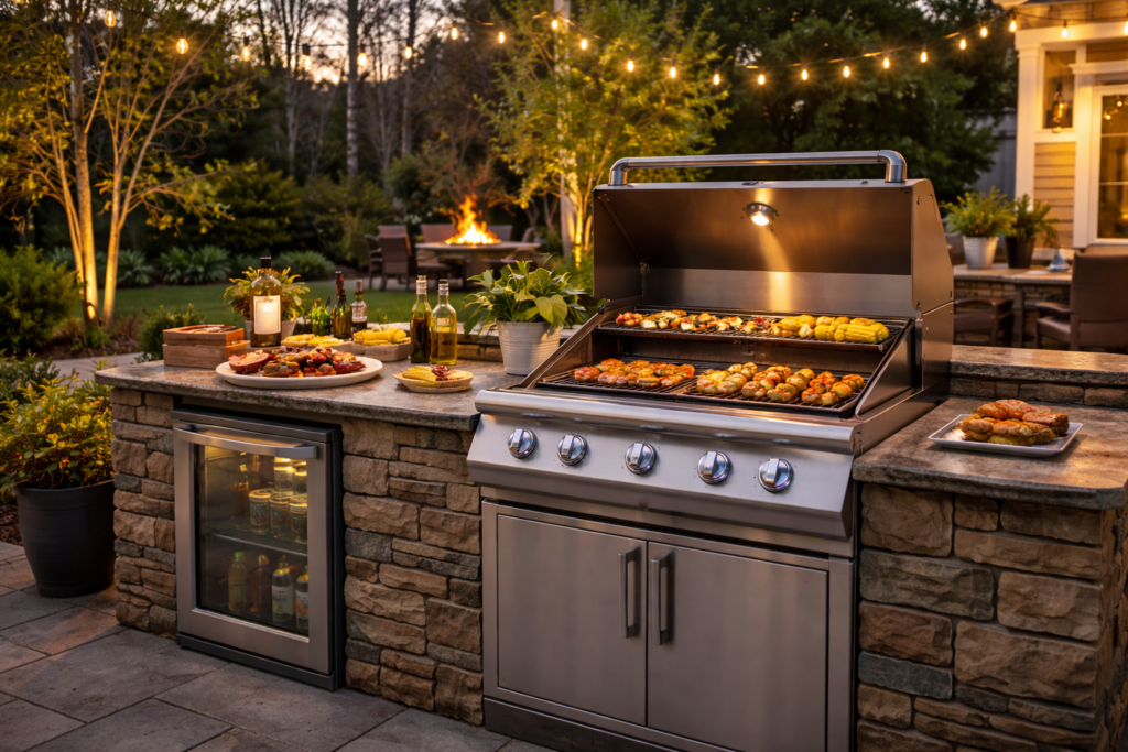 Modern outdoor kitchen with BBQ grill cooking food and string lights overhead in a spring home backyard set up for entertaining