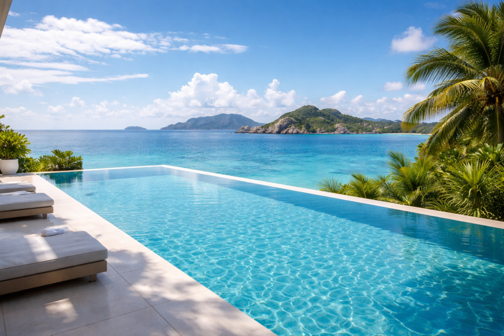 Luxury infinity pool overlooking turquoise ocean and tropical islands in Seychelles