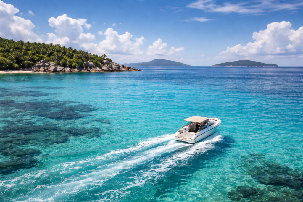 “Speedboat cruising through crystal-clear turquoise waters near tropical islands in Seychelles.”