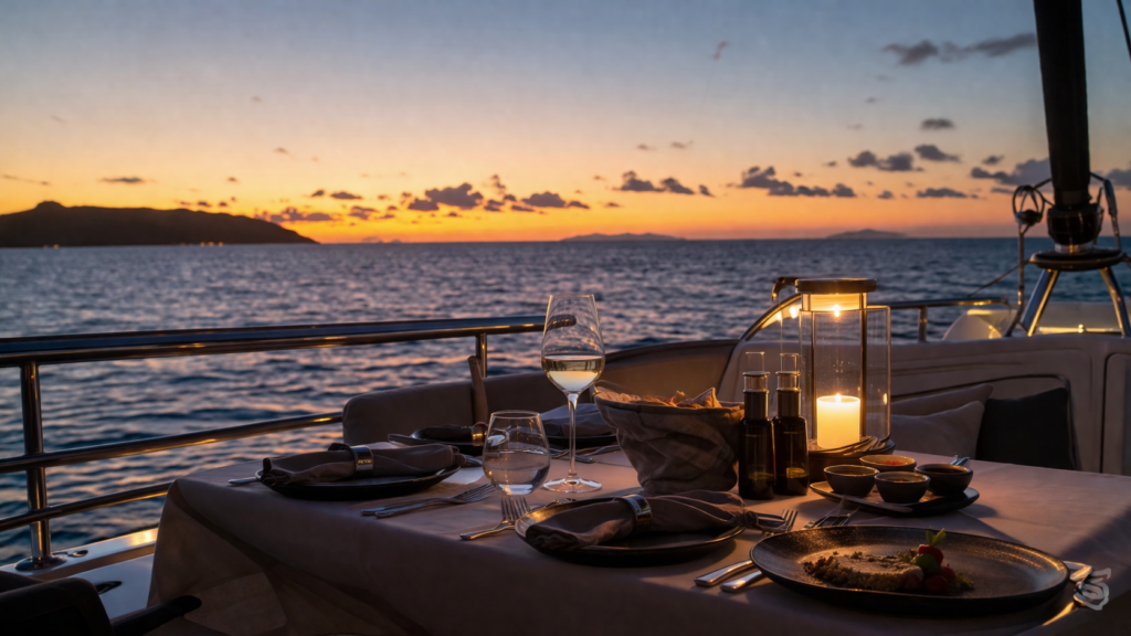 Luxury candlelit dinner setup on a yacht at sunset in Seychelles, overlooking calm ocean waters and distant islands.
