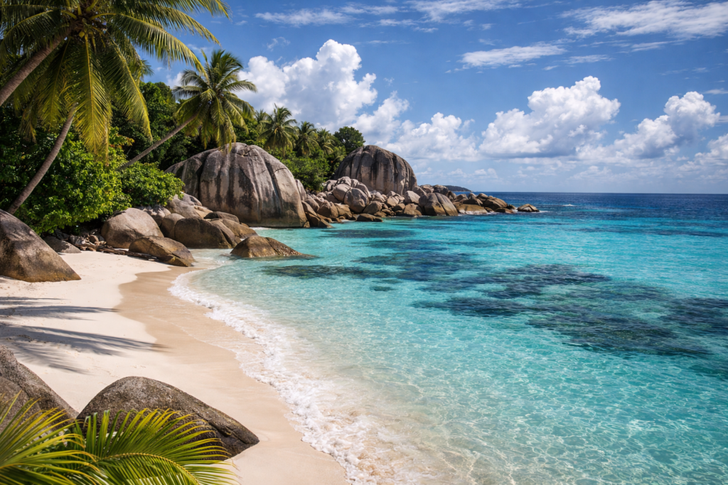 “Pristine white sandy beach with palm trees and iconic granite boulders along the shoreline in Seychelles.”