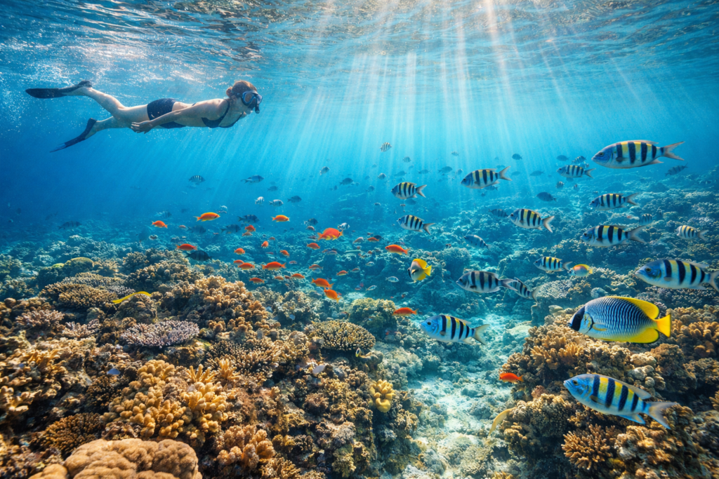 “Snorkeler exploring a vibrant coral reef with colorful tropical fish in the clear waters of Seychelles.”