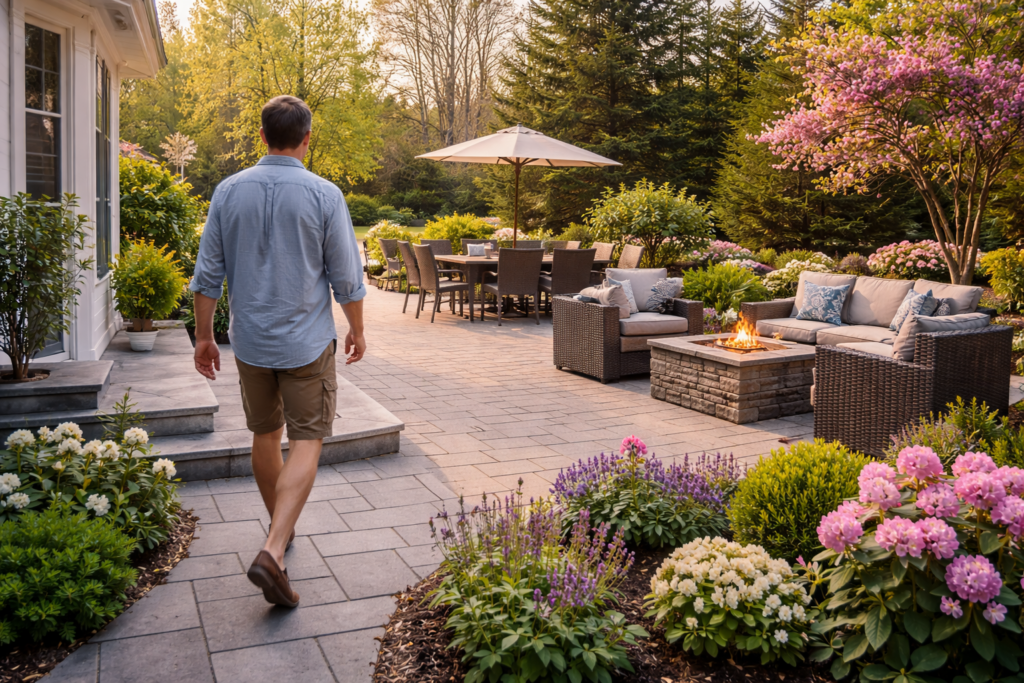 Man walking onto a fully prepared spring home backyard patio with outdoor seating, fire pit, and blooming landscaping on a warm day