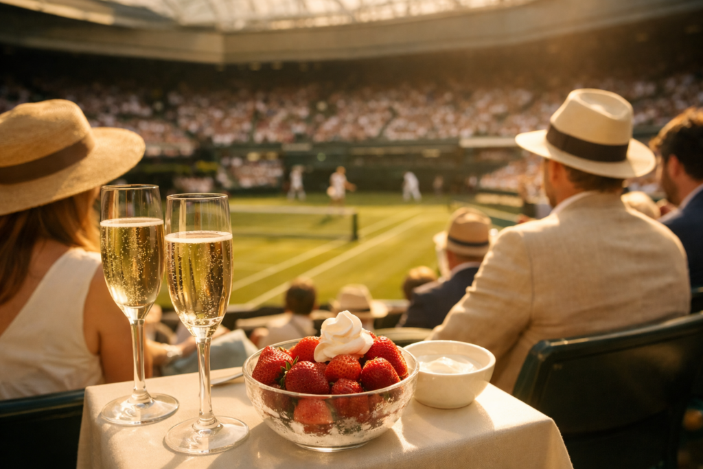 Elegant summer Wimbledon experience with champagne and strawberries overlooking Centre Court in London