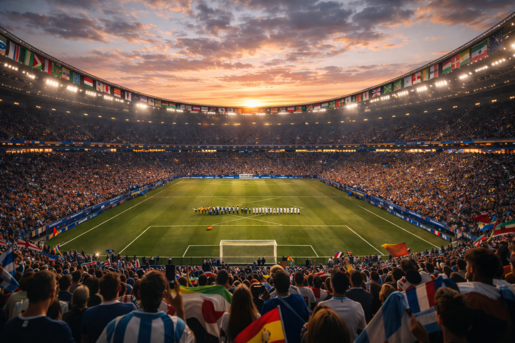Summer FIFA World Cup stadium filled with global fans and national flags during a sunset match atmosphere