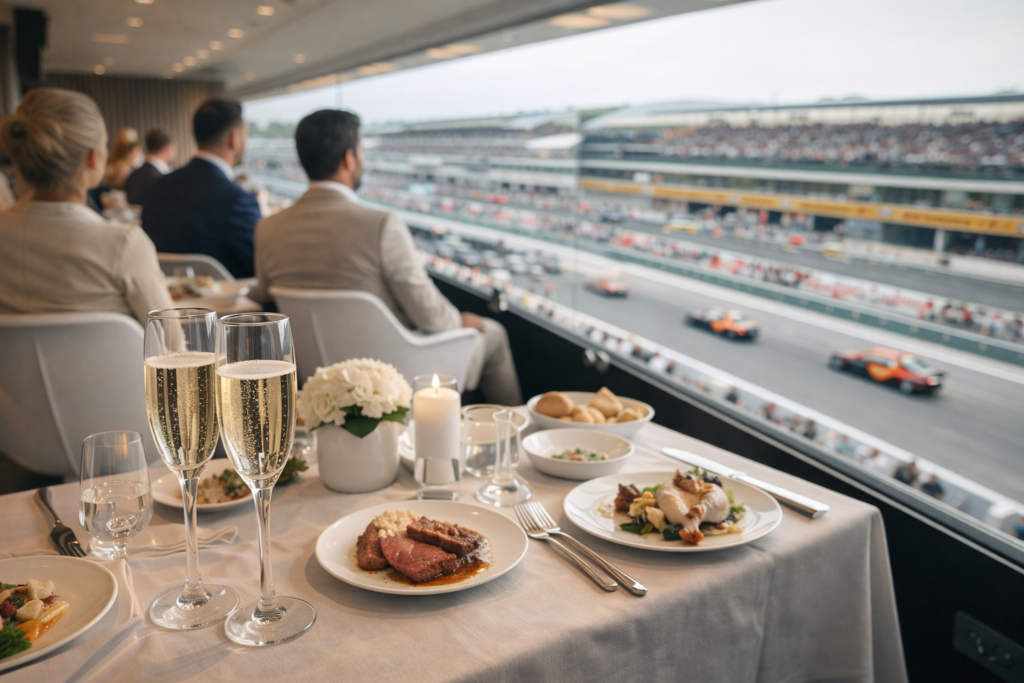 Luxury summer Formula 1 hospitality suite overlooking the British Grand Prix with fine dining and champagne