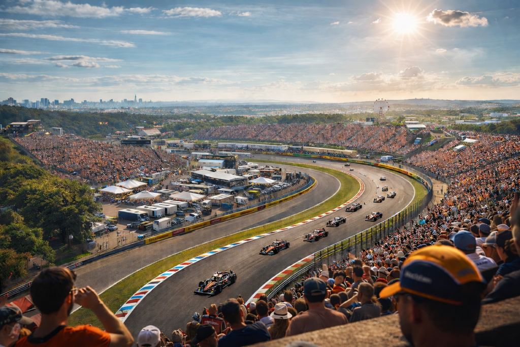 Formula 1 Grand Prix race on a sunny summer day with packed grandstands, cars speeding through a sweeping corner