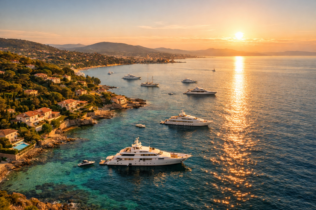 Luxury yachts anchored along the coastline at sunset in the South of France with golden light reflecting over the Mediterranean