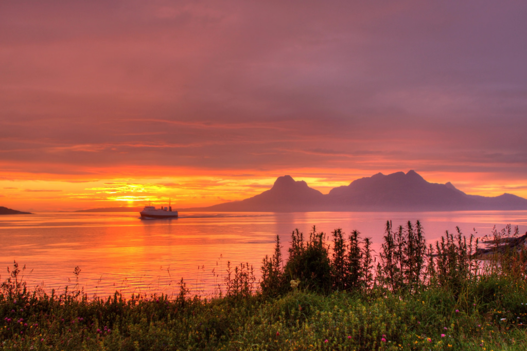 Midnight sun in Norwegian Fjords