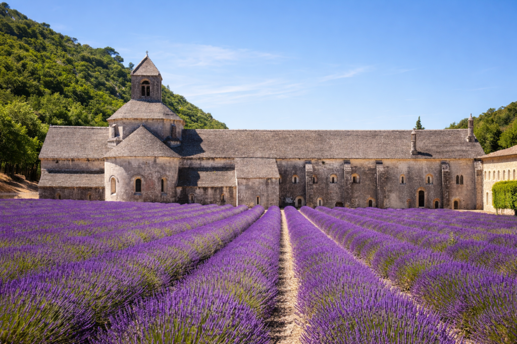 Lavender fields in bloom leading to a historic stone abbey in Provence, South of France under a clear summer sky