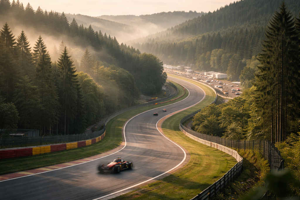 Summer Formula 1 race at Spa-Francorchamps winding through the Ardennes forest in soft morning light