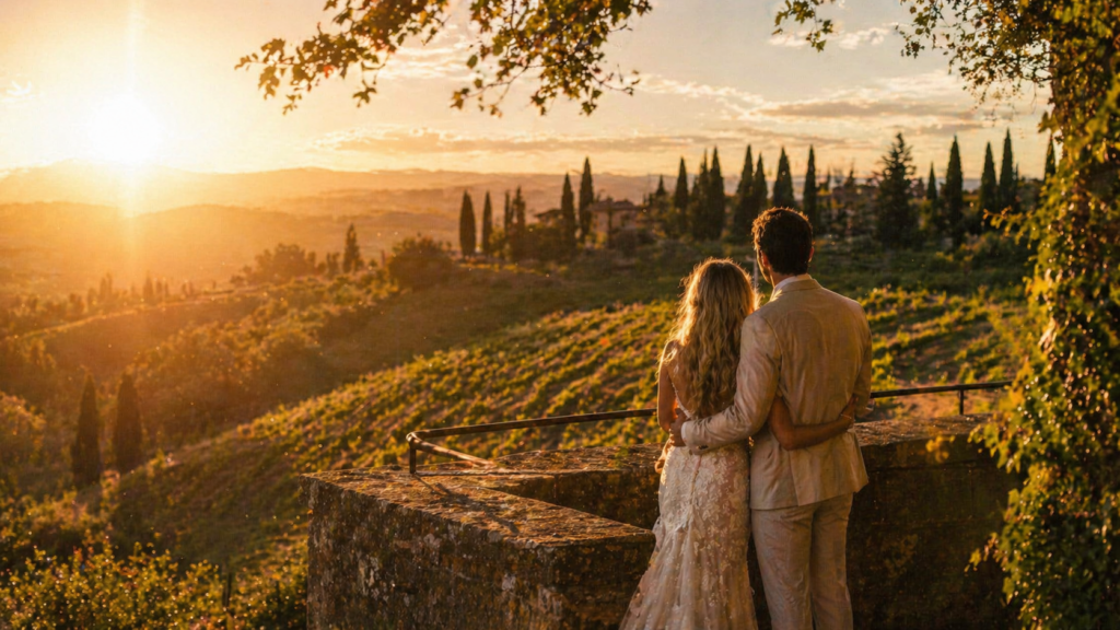 Couple overlooking Tuscany countryside at sunset with vineyards and rolling hills