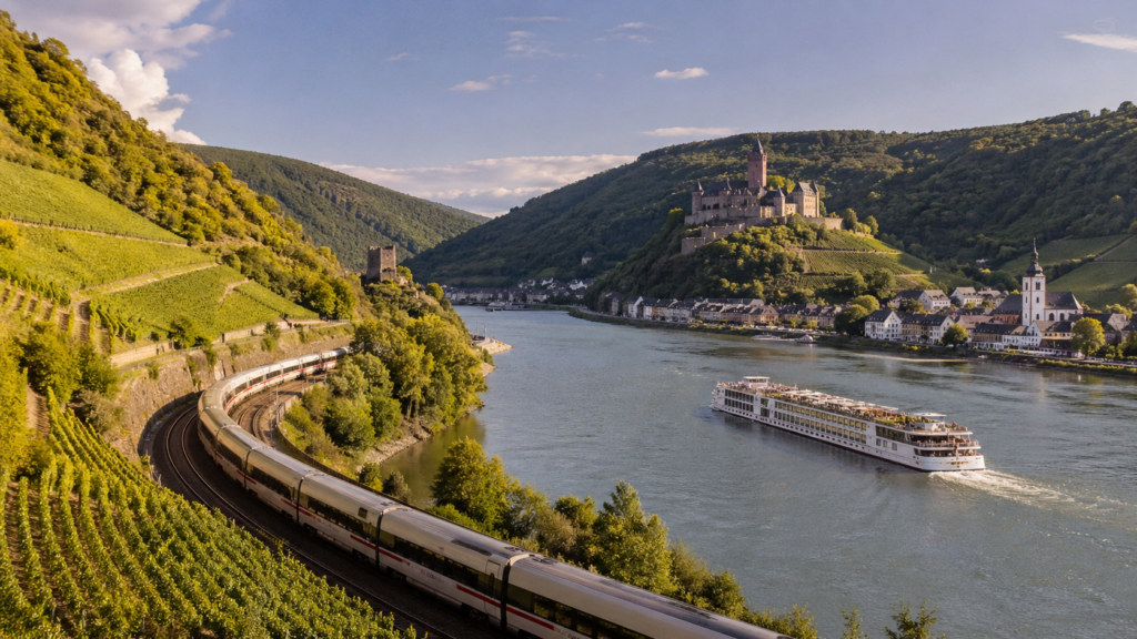Scenic train journey through Europe along a river valley with vineyards, castles, and a passing cruise boat