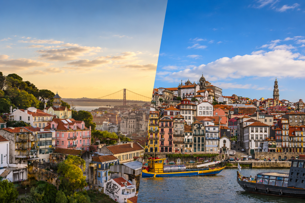 Split-screen cityscape featuring Lisbon at sunset on the left and Porto waterfront on the right, with colorful buildings, river views, boats, and historic architecture under bright blue skies.