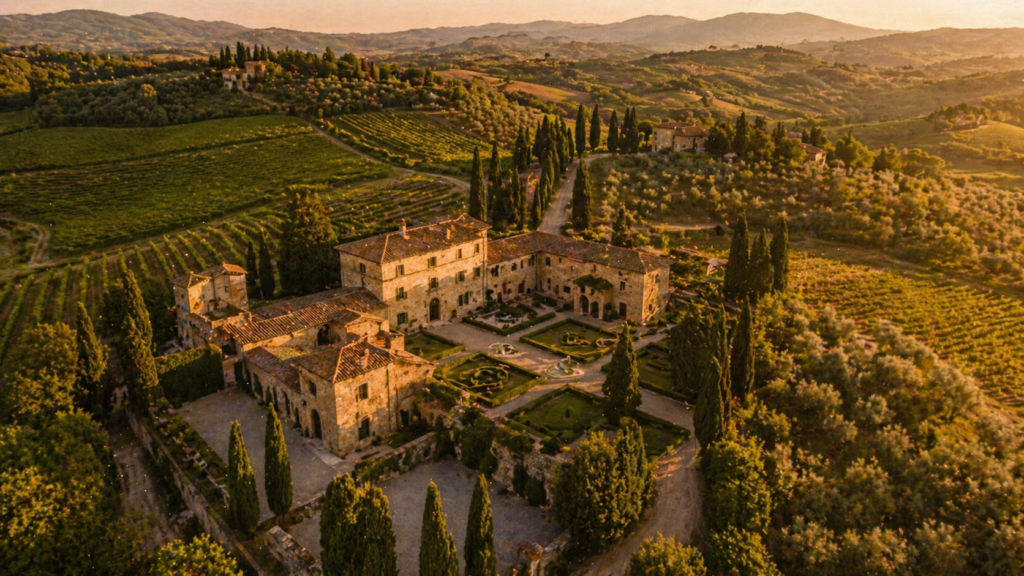 Aerial view of a Tuscany villa estate surrounded by vineyards and rolling hills at sunset