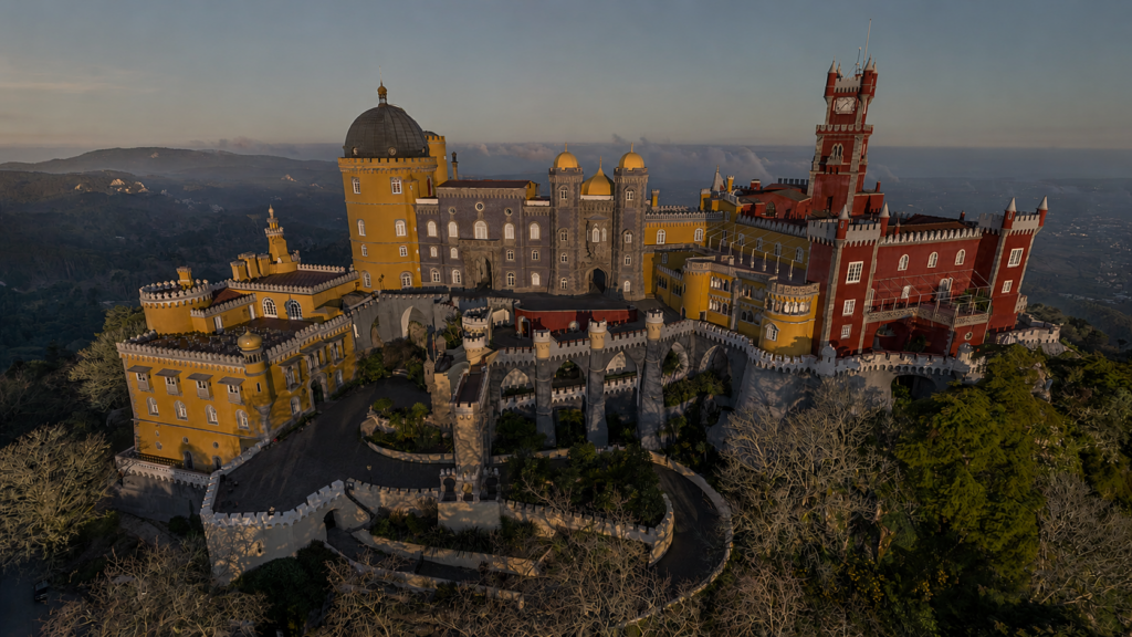 Aerial view of the colorful Pena Palace near Lisbon, Portugal, featuring bright yellow and red towers, ornate castle walls, and surrounding forested hills under a clear sky.