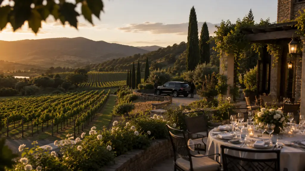 Luxury vineyard estate overlooking Napa Valley at golden hour with panoramic vineyard views and fine dining terrace.