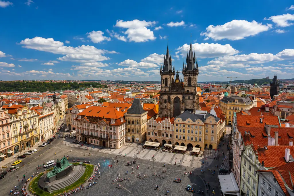 Panoramic view of Prague's Old Town Square with the Church of Our Lady before Týn, historic buildings, and red rooftops under a bright blue sky.