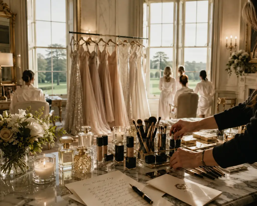 Elegant bridal preparation suite in Ireland featuring bridesmaid dresses, professional hair and makeup stations, and members of the wedding party gathered near large windows overlooking the Irish countryside.