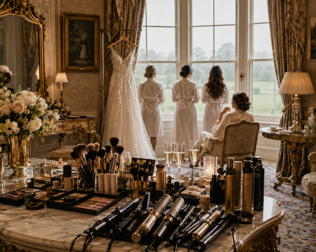 Luxury bridal suite in Ireland on a wedding morning, featuring a wedding dress hanging beside tall estate windows, elegant makeup and hair styling tools arranged on a marble table, champagne glasses, and bridal party members in robes viewed from behind overlooking the Irish countryside. The scene conveys calm, organization, and anticipation before a castle wedding in Ireland.