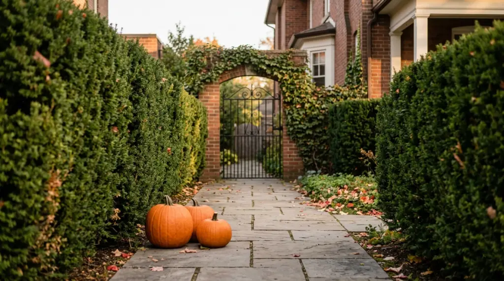 Stone garden pathway leading to a private residence, framed by manicured hedges, an ivy-covered gate, and autumn pumpkins, representing seamless home and lifestyle coordination.