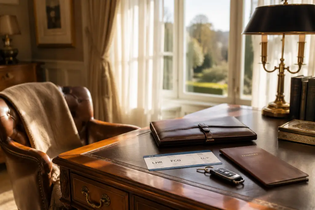 Personal concierge travel planning essentials arranged on a luxury home office desk with a leather folio, itinerary, boarding pass, and car keys in warm morning light.