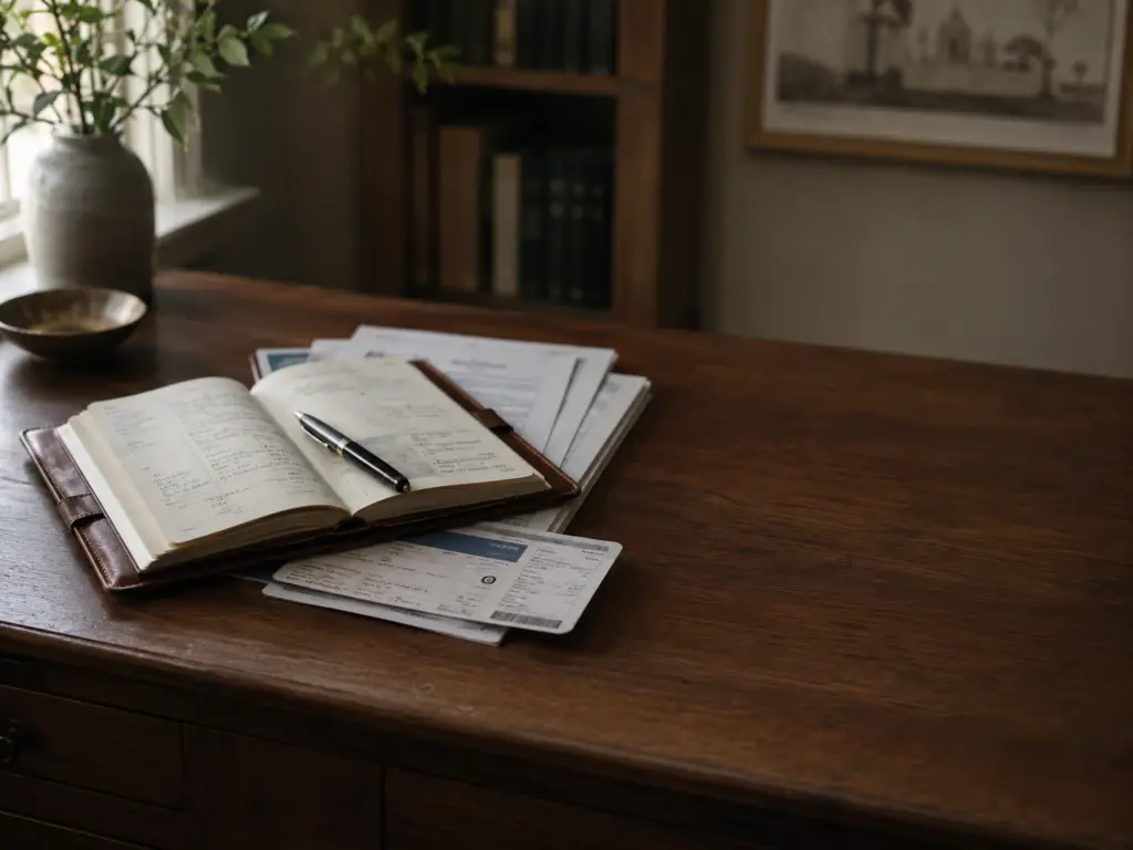 Planner, documents, and household records arranged on a desk, symbolizing the administrative and organizational responsibilities of a House Manager.