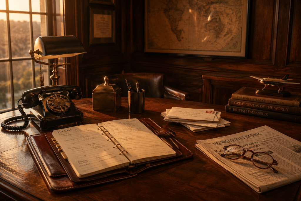 Personal concierge workspace featuring a luxury desk with an open planner, correspondence, rotary telephone, and travel-inspired décor in warm evening light.